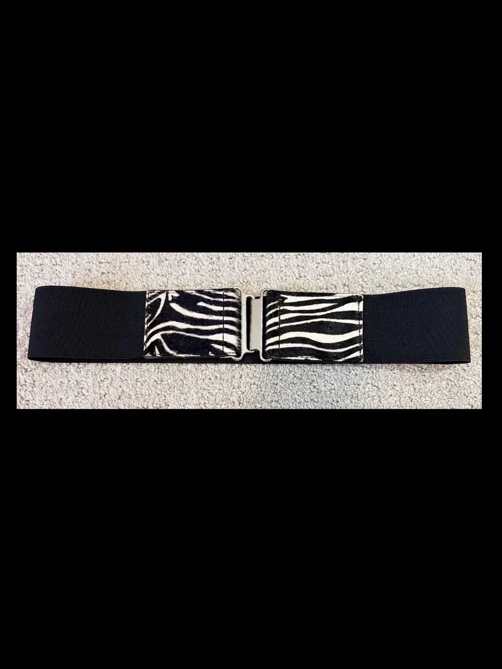 Zebra Print Calf Hair Leather Wide Stretch Statement Belt Size L Silver Buckle